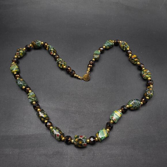 Vintage Teng Yue Green Millefiori Glass Beaded Necklace Floral - Picture 8 of 10